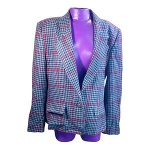 Suburbans vintage 70s grey red plaid wool single button women’s blazer 14